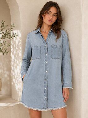 ZILCREMO Chambray Denim Shirt Dress Raw Hem Light Wash Button Front Size M